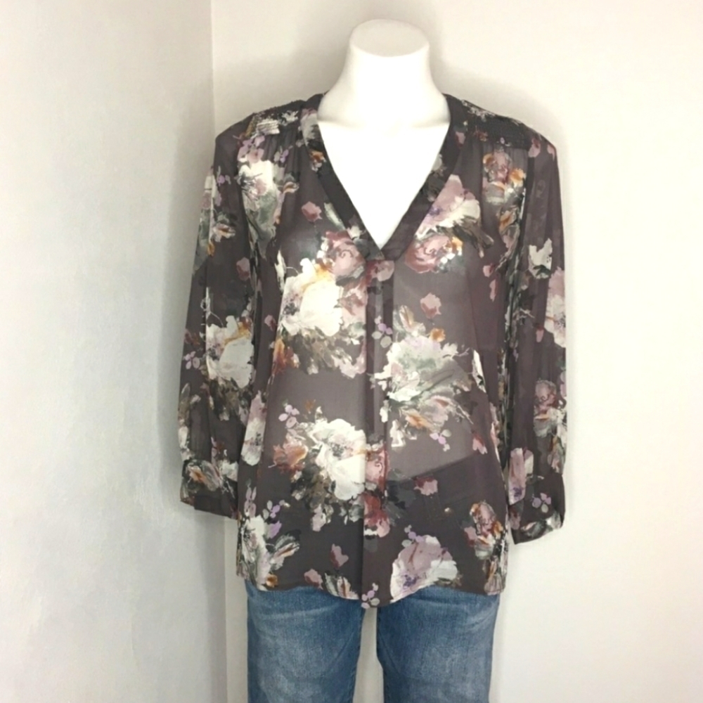 𝅺Joie Silk Floral Semi Sheer Long Sleeve Blouse